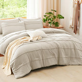 Queen Comforter Set Beige, 7 Pieces Soft Pinch Pleat Bed in a Bag Queen Comforter Set with Sheets