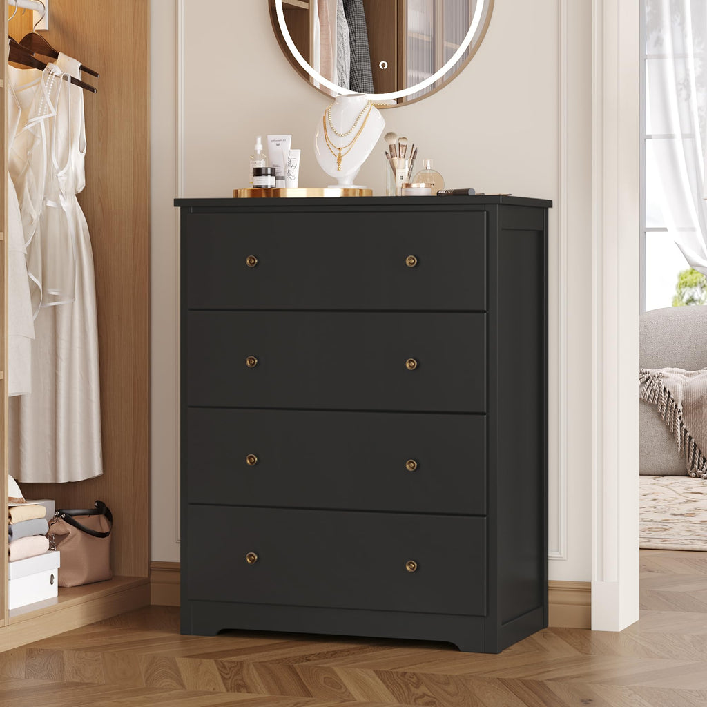 Black Dresser with 4 Drawers, 29" W Chest of Drawers, Wood Dresser | Modern 4 Drawers Dresser, Space-Saving Vertical