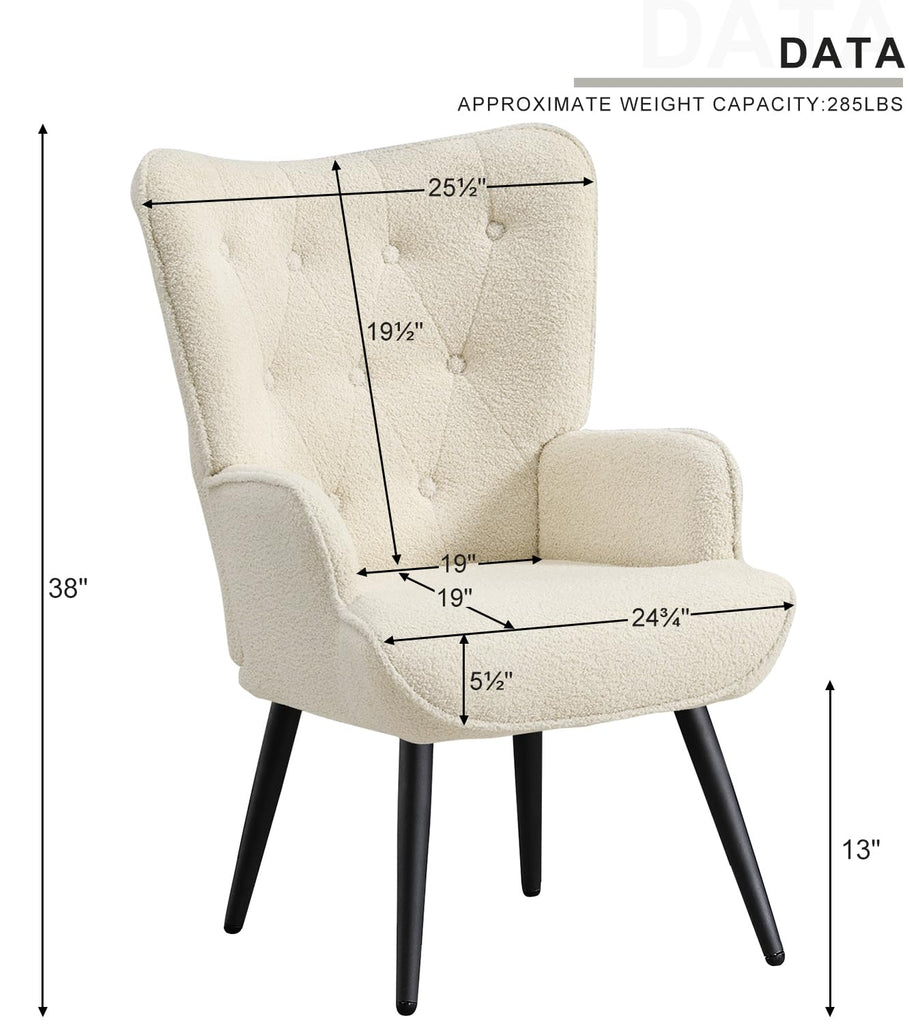 Faux Fur White Accent Chair Mid Century Modern Living Room Chairs; Comfy Armchair Leisure Vanity Guest Wingback Chair