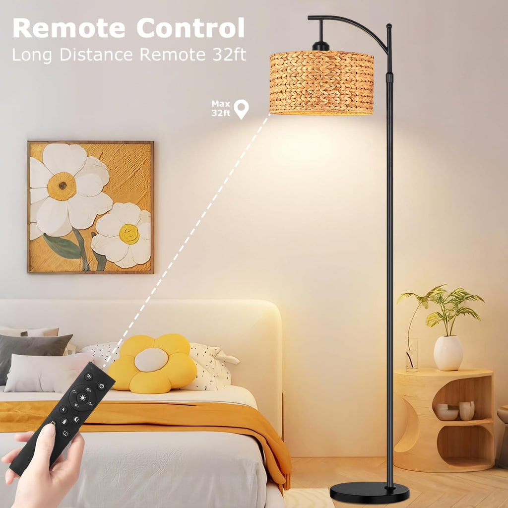 Floor Lamp Bedroom Farmhouse Arc Rattan Boho Standing Lamp with Remote Dimmable Black Wicker Bamboo Lamp Shade Floor