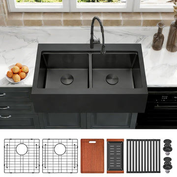 Black Farmhouse Kitchen Sink 33 x 22 Drop In, 50/50 Double Bowl Farm Sinks, 16 Gauge Stainless Steel Workstation Sink