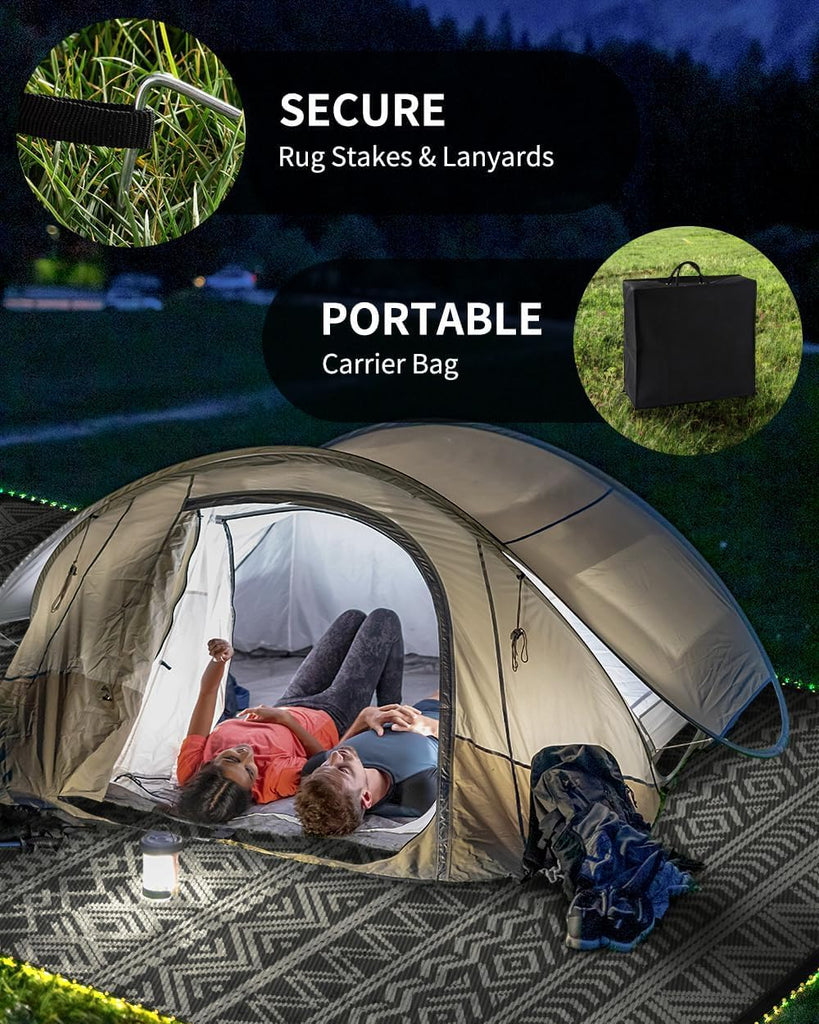 Outdoor Rug Carpet RV Camping with Led Strip Lights Waterproof Plastic Straw Rug Reversible Portable Outside