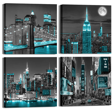 York City Canvas Wall Print black and white Brooklyn Bridge Pictures Blue Empire Building Wall Night View Modern