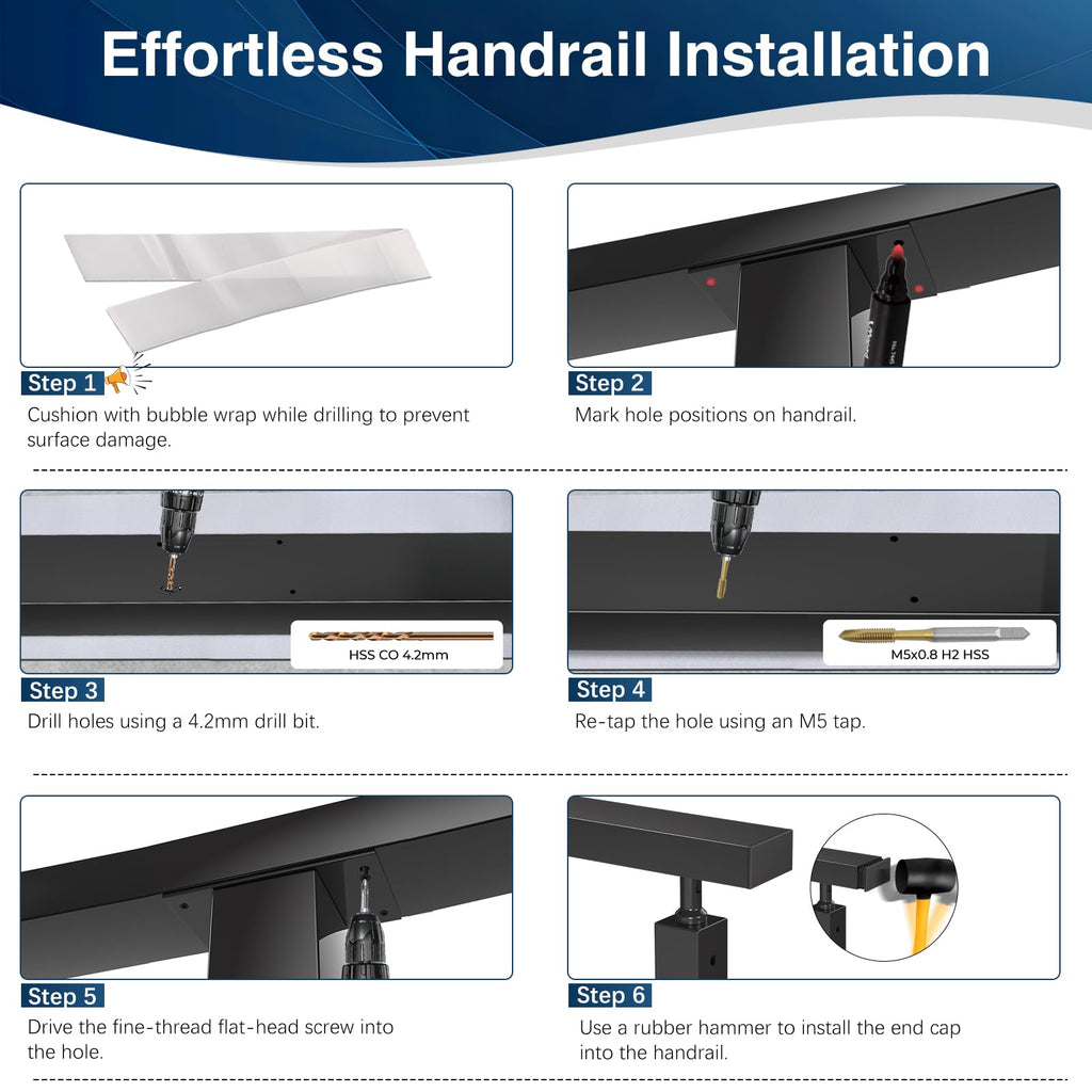 10FT Black Rectangular Handrail, 4 Pack Flat Cable Railing Handrail