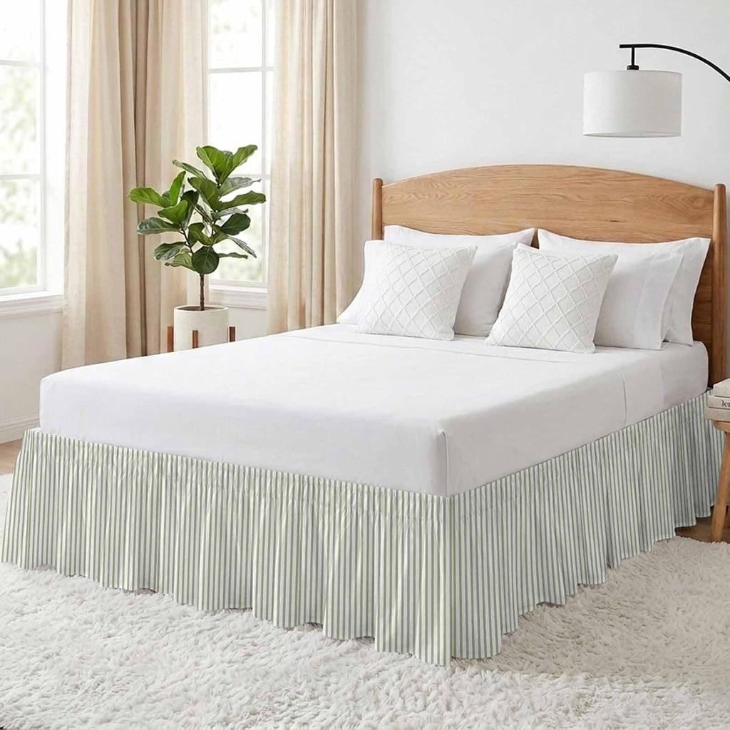 Sage Green Vertical Striped Bed Skirt King Size 16 Inch Drop, Adjustable & Elastic Wrap Around Bed Skirts Pleated