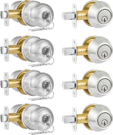 4 Pack Exterior Door Lock Set, Satin Nickel Door Knob and Deadbolt Combo Set, Keyed Alike Entry Door Knobs with