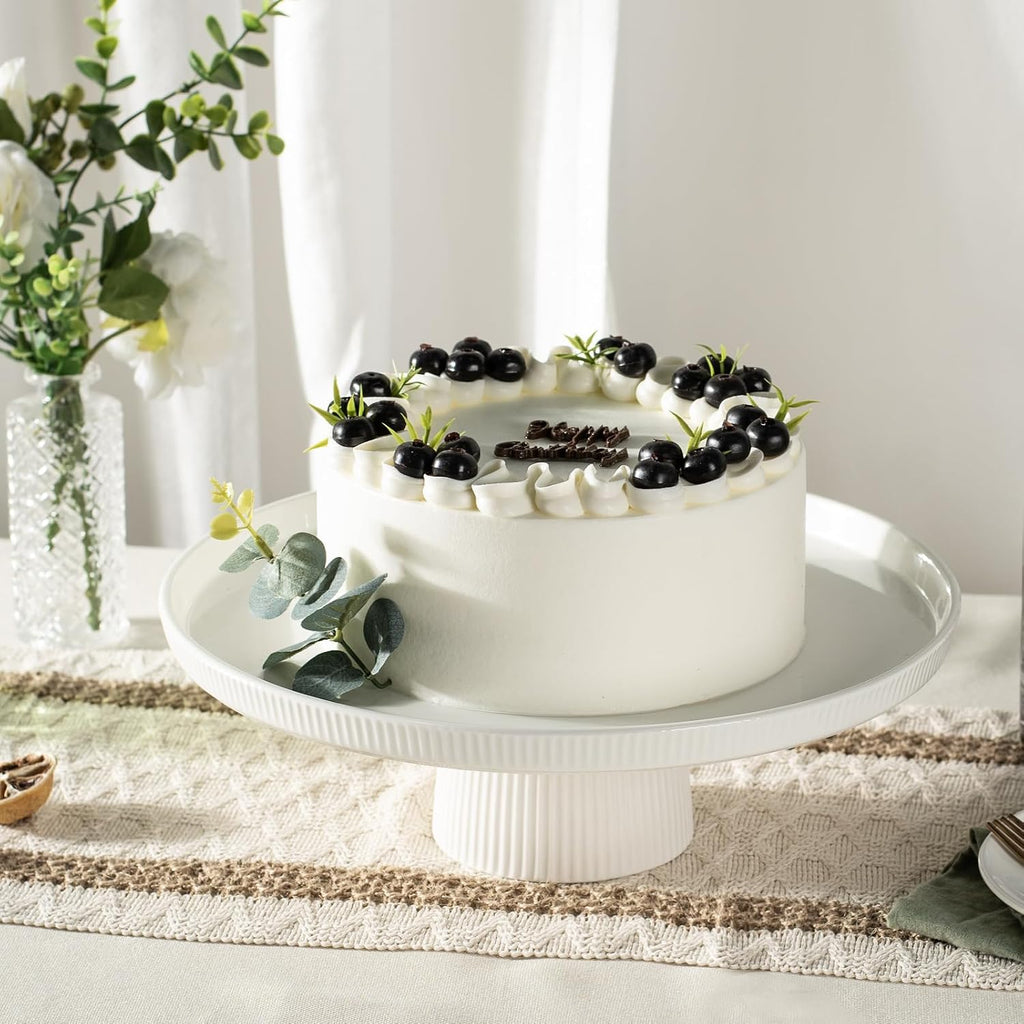 13 Inch Ceramic Cake Stand with Pedestal - White Round Cake Plate for Dessert Table Display, Elevated Cupcake Stand