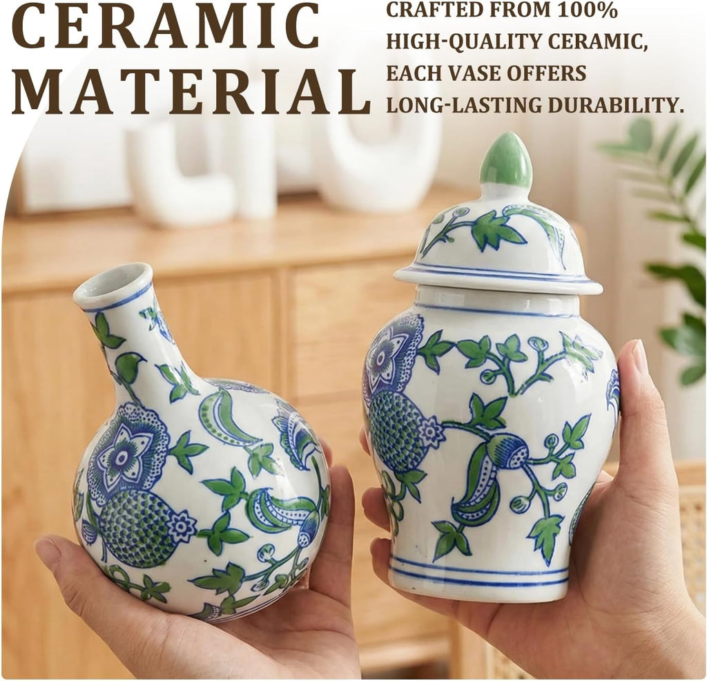 Porcelain Ginger Jar, Chinoiserie Vase Living Room Console Table Accent, Shelf and Tabletop Decor, Green - Set of 3