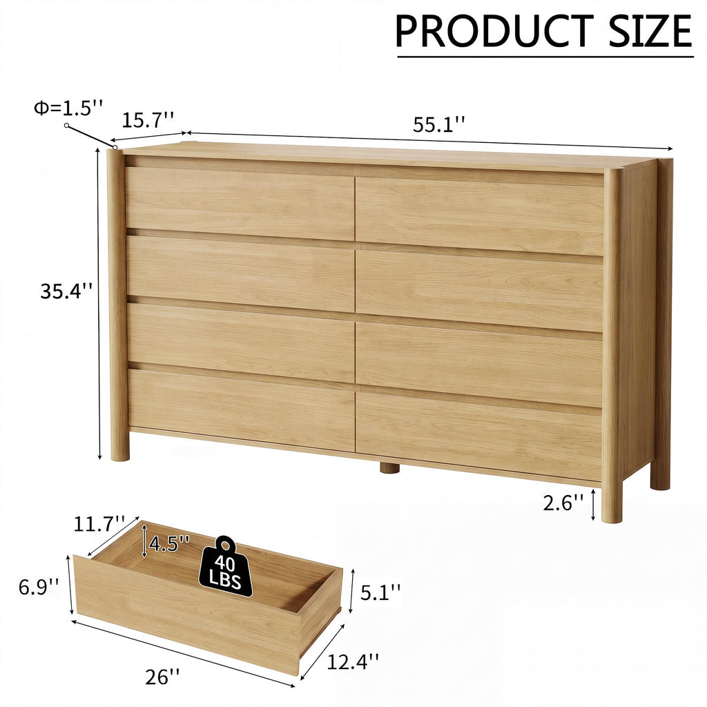 Oak Dresser, 55" Wide 8 Drawer Mid Century Modern Chest