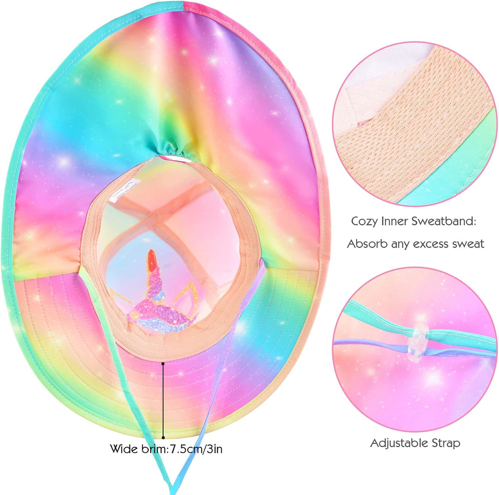 Girls Sun Hat for Kids UV Protection Unicorn Summer Hat Beach Play Hats Wide Brim Neck Flap for Girls Ponytail Hat
