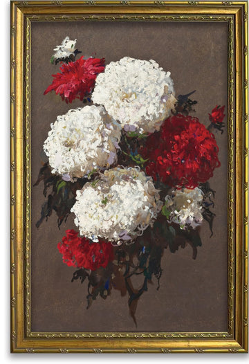 Hydrangea Bouquet Wall Art, Red White Still Life Floral Decor