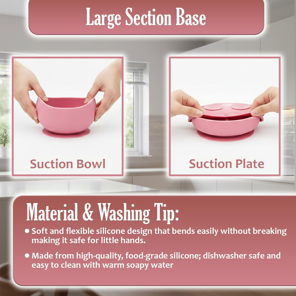 Feeding Set, Silicone Baby Feeding Set with Suction Bowls, Divided Plates, Adjustable Bib, Baby Utensils Spoons
