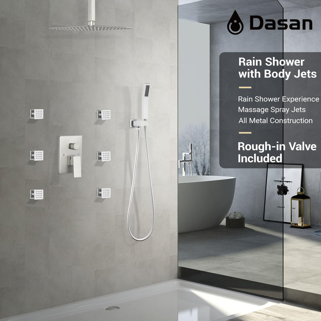 Full Body Shower System with 6 PCS Body Spray Jets & 12'' Rain Shower Head & Handheld, Ceiling Mount Rain Shower
