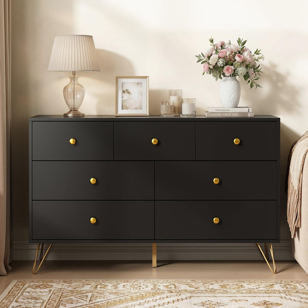 Black, Modern 7 Drawer with Gold Handles and Metal Legs, Black and Gold Dressers & Chest of Drawers