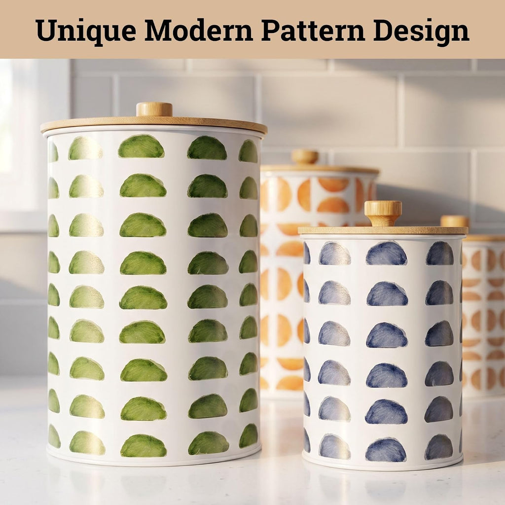 Kitchen Canisters for Countertop, Patterned Iron w/ Airtight Lids - Set of 4