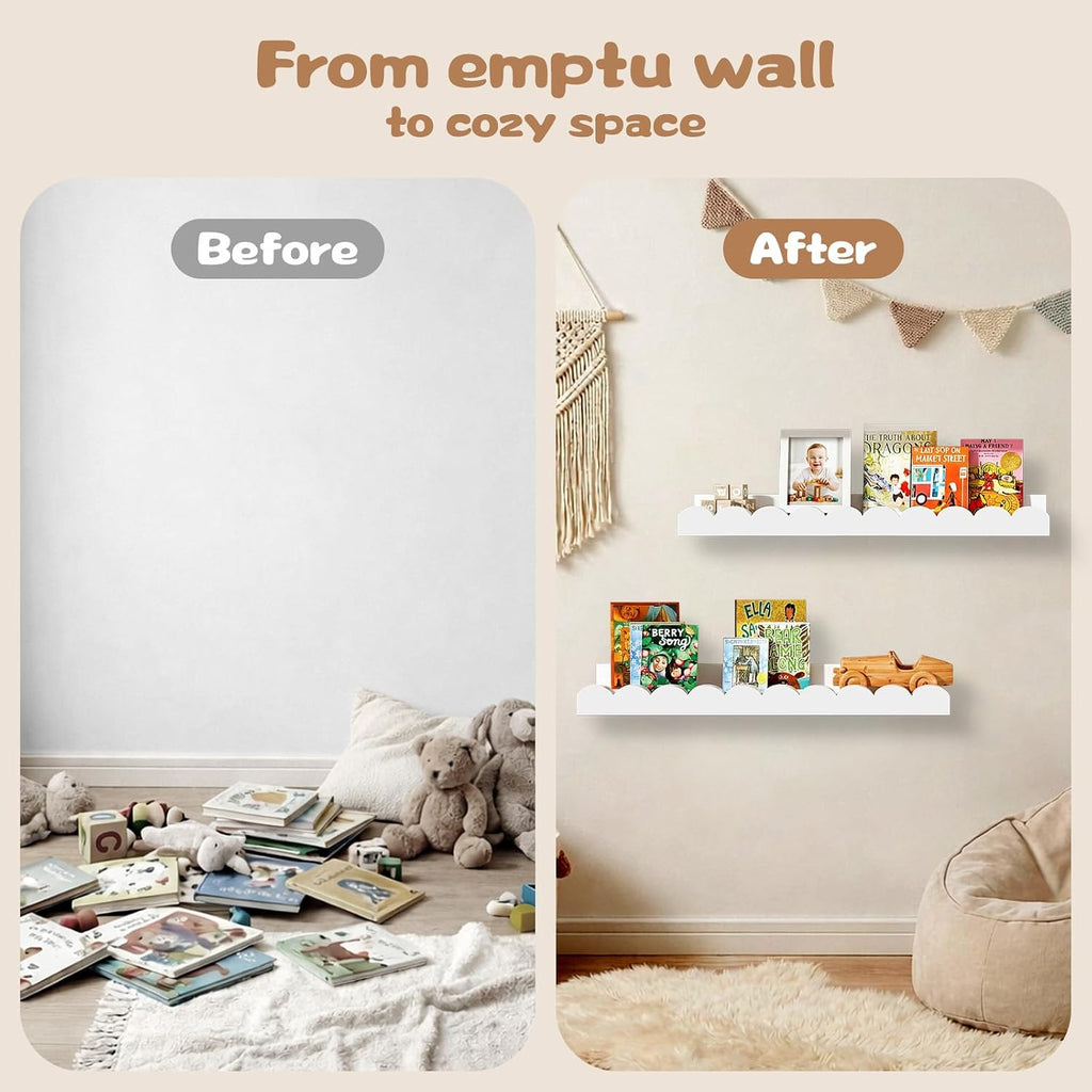 White Scalloped Nursery Shelves for Wall, Pack Floating Book Shelves for Kids Room, Wall Mounted Kids Bookshelves