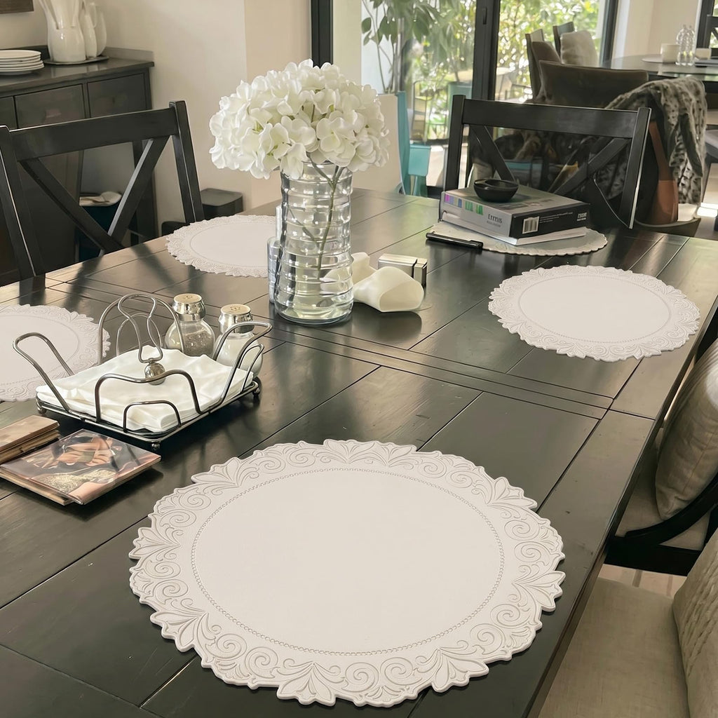 Round Faux Leather Placemats Set of 4, Dining Table Mats, Beige