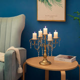 Candelabra Centerpieces Gold Candle Holder - 5 Arm Pillar Candle Holders with Crystal Beadsedding Candleholders