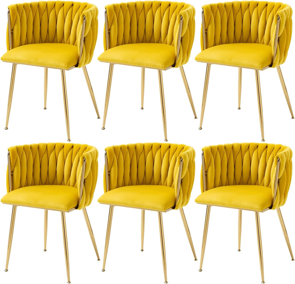 Woven Velvet Dining Chairs Set of 6, Upholstered Accent Chairs with Gold Metal Legs, Modern Dining Room Chairs, Yellow