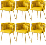 Woven Velvet Dining Chairs Set of 6, Upholstered Accent Chairs with Gold Metal Legs, Modern Dining Room Chairs, Yellow