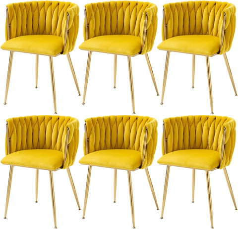 Woven Velvet Dining Chairs Set of 6, Upholstered Accent Chairs with Gold Metal Legs, Modern Dining Room Chairs, Yellow