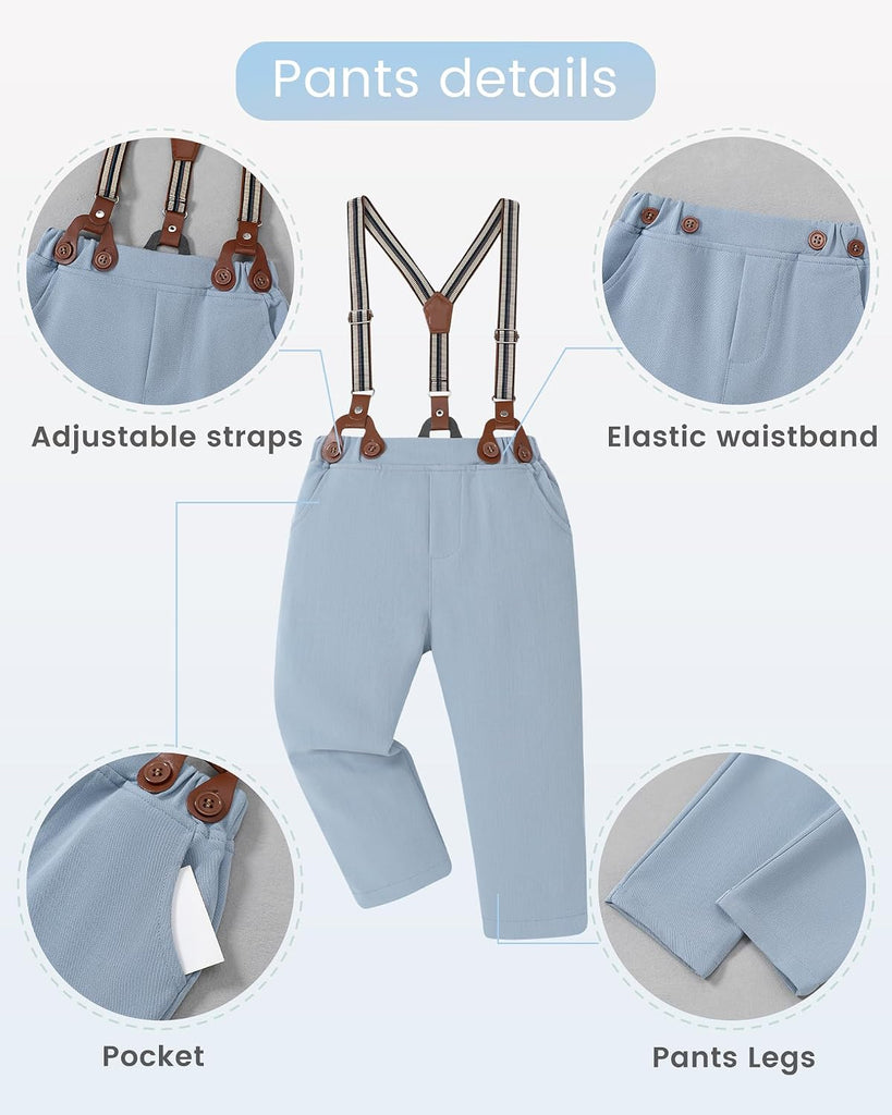 Boys Semi Formal Outfit 3pcs Sets Short Dress Shirt Suspender Pants Bow Tie for 1-5 Years