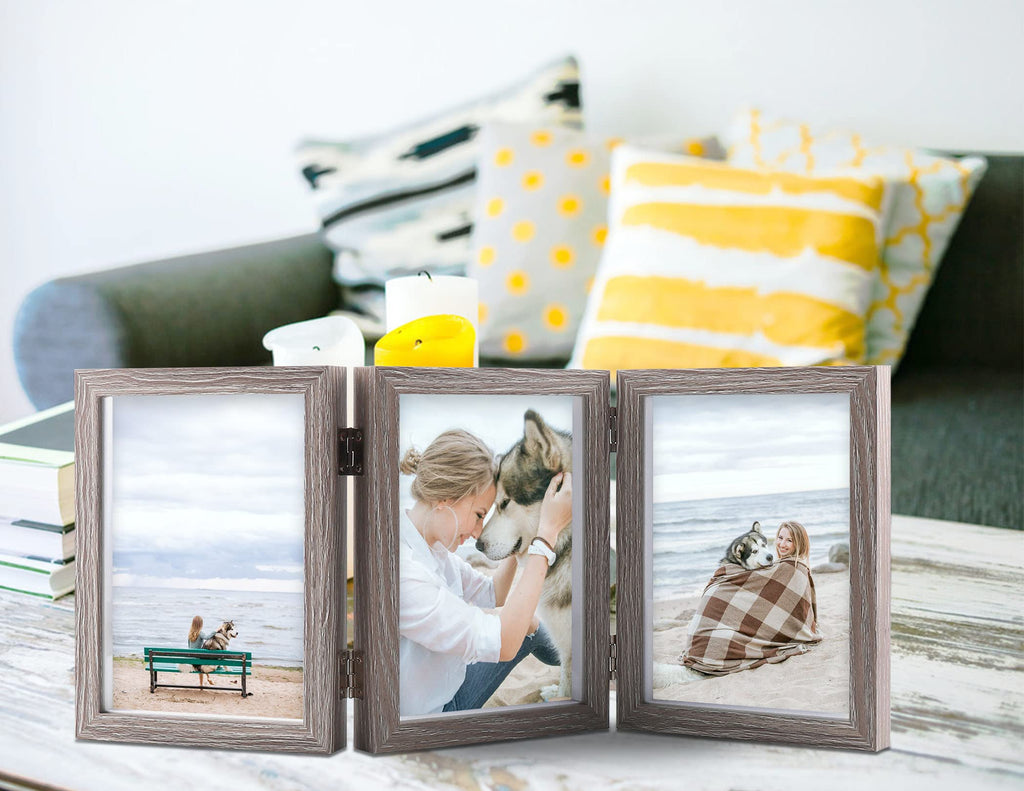 Triple 5x7 Picture Frames Hinged Wood 3 Opening Frame Display Gray