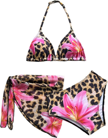 Girl's 3 Piece Swimsuits Leopard Floral Triangle Halter Bikini Set with Cover Up Beach Sarongs