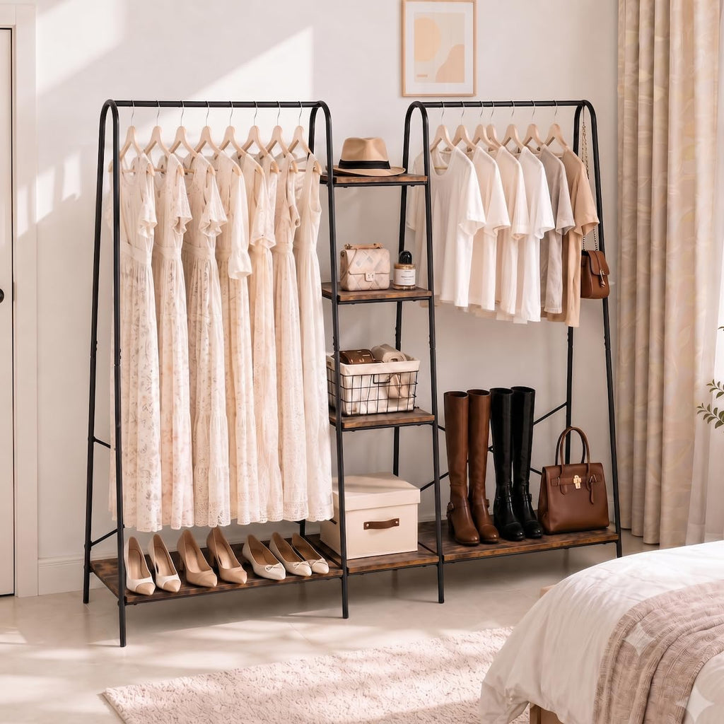 Clothes Rack for Hanging Clothes Freestanding Clothing Rack with 6 Wood Storage Shelves & 2 Rods Heavy Duty Garment