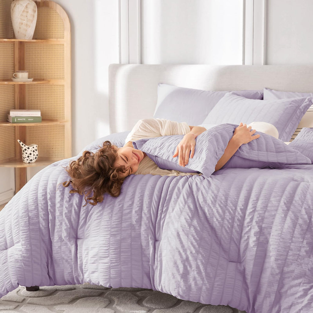 Comforter Set 7 Pieces, Seersucker Bed in a Bag, Lavender