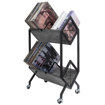 Vinyl Record Storage Holder with Wheels, 2-Tier Record Holder 160-200 LP with Dividers, Retro Style Quick Assembly