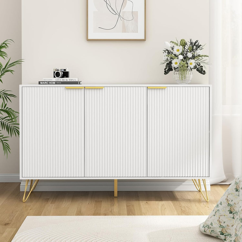 Storage Cabinet with 3 Fluted Doors and Adjustable Shelves, White丨Modern Wood Accent Table, Sideboard Buffet Cabinet