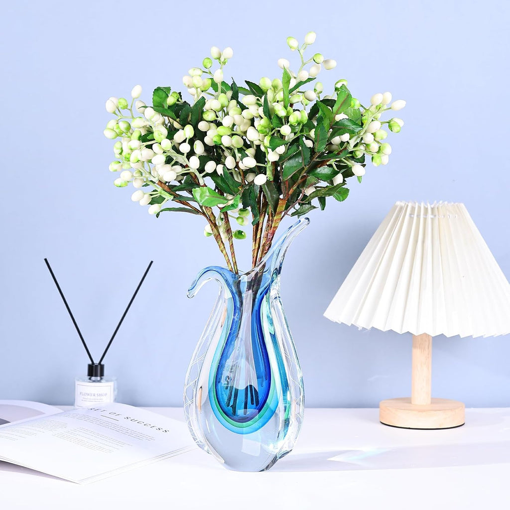 Blown Glass Blue vase, Unique Murano Style Glass Art Deco vase TV Stand, Table Setting, Office, Room and Desktop