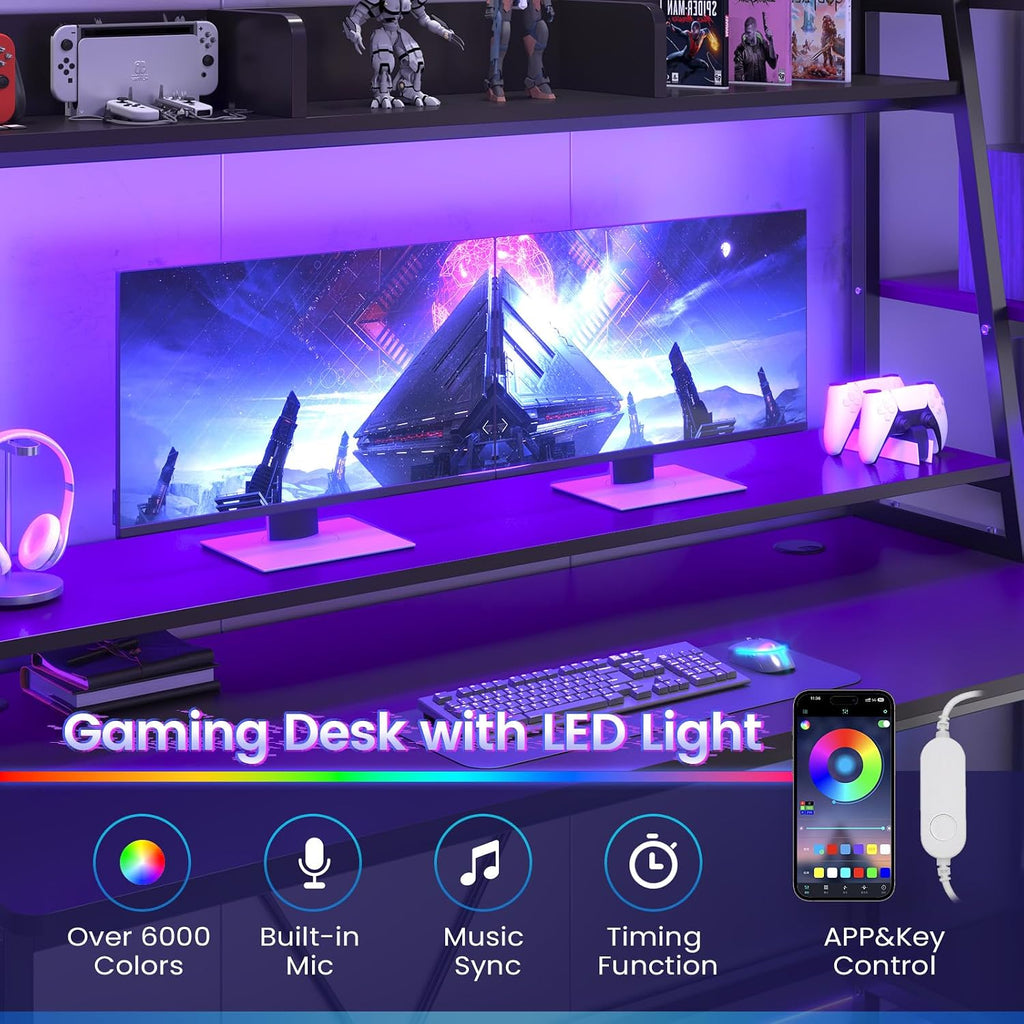 79'' Gaming Desk with LED Lights, Hutch and Storage Shelves, Black | Computer Desk with Monitor Stand, Large PC Gamer