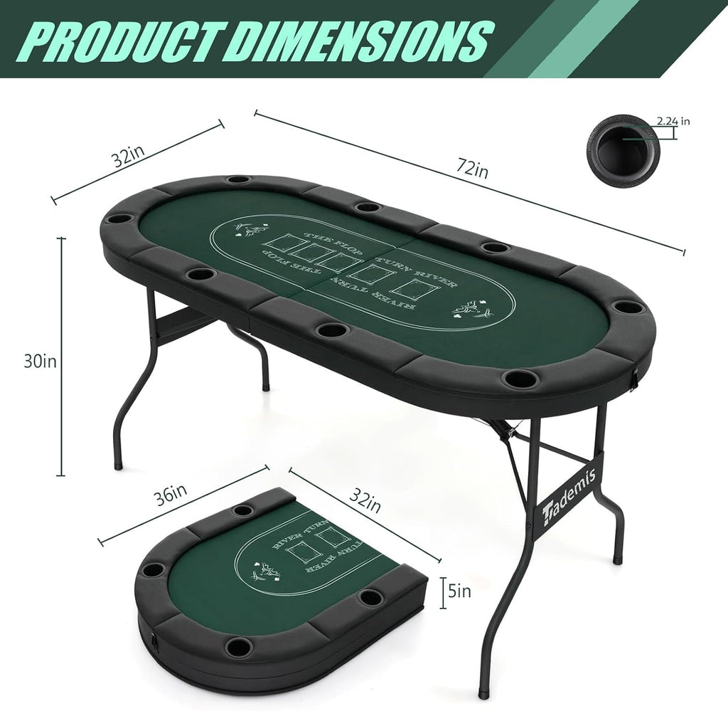 8 Player Foldable Poker Table Top 4-in-1 Casino Game Set for Texas Hold'em, Blackjack, Hi-Lo Dice & Roulette