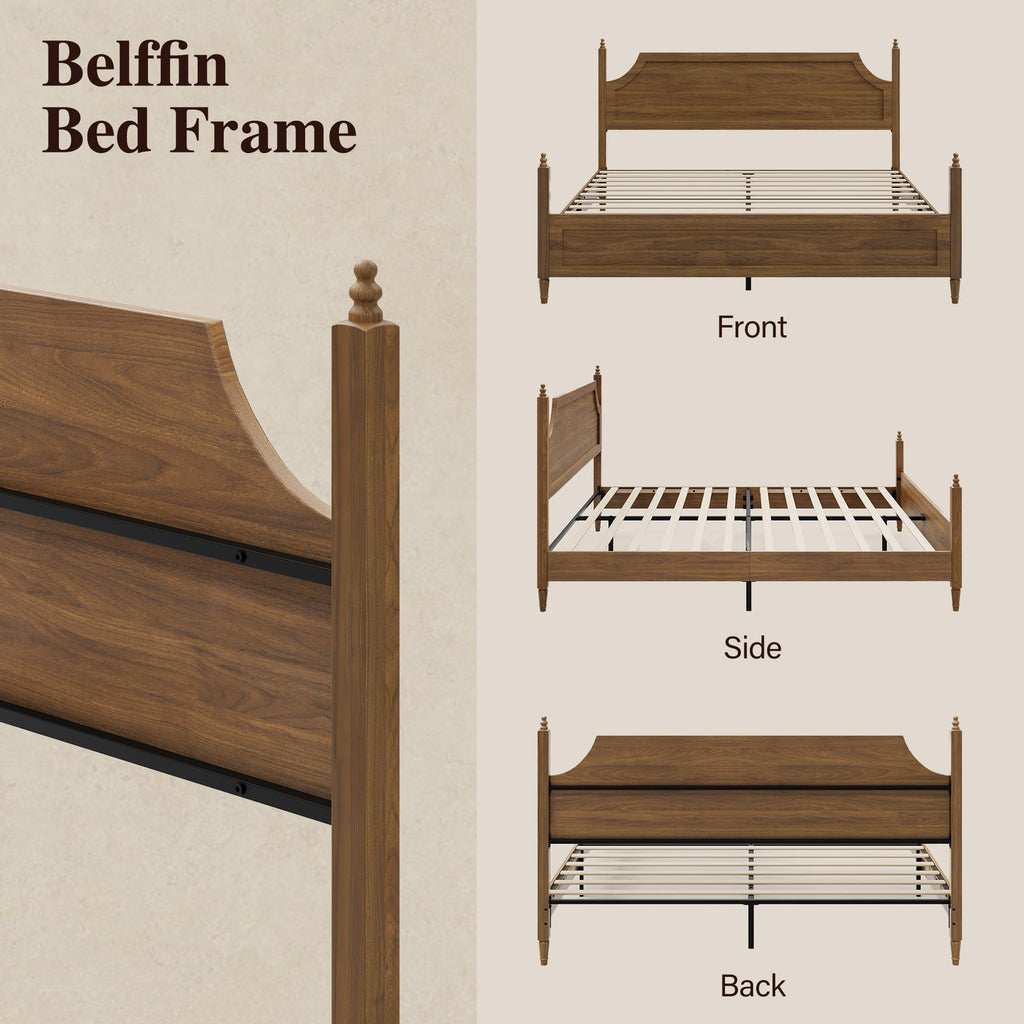 Wood Bed Frame with Curved Headboard, Vintage Bed, Brown