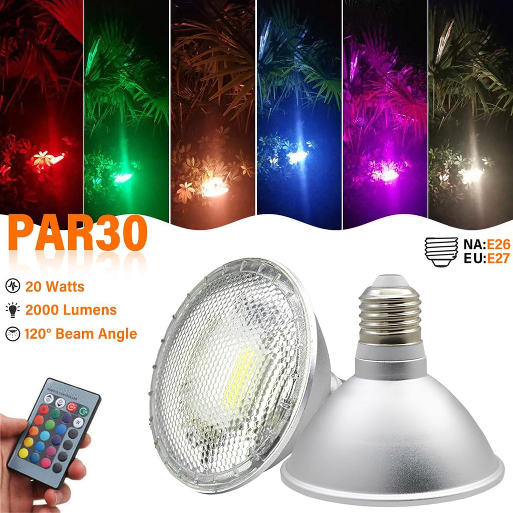 PAR30 Flood Lights Bulb 20 Watt LED/COB Dimmable RGB Color Changing Spotlight Bulb, with Remote Control