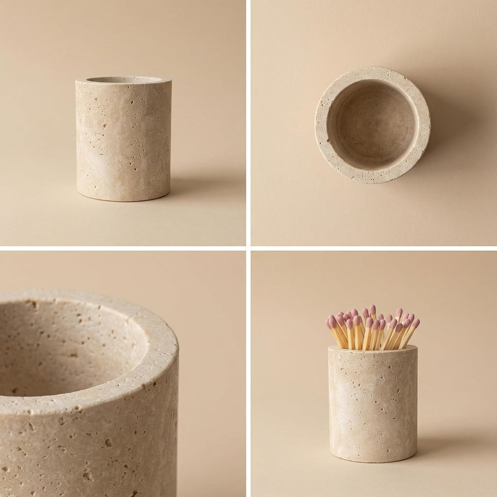 Match Holder with Striker Travertine Match Jar Decorative 2.5" x 3" Matchstick Organizer for Fireplace, Candles - Set of 3
