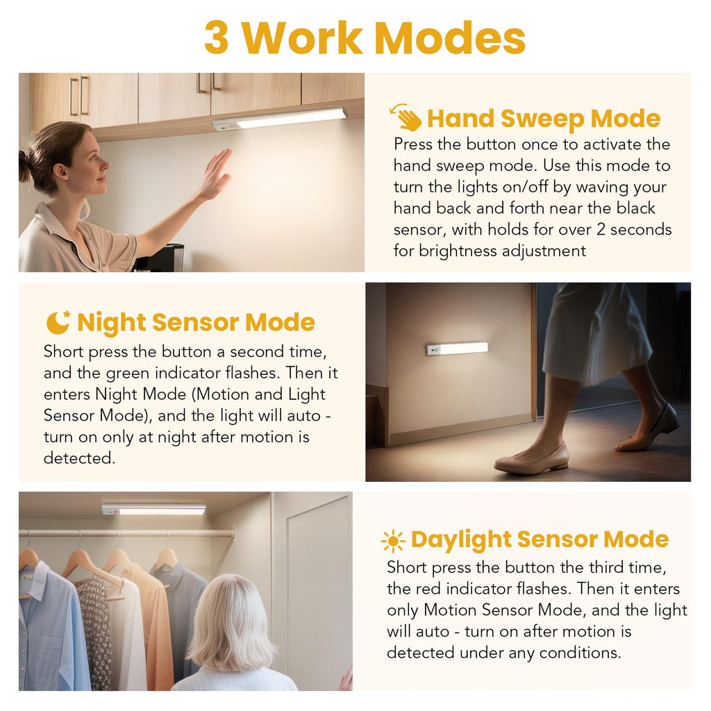 Rechargeable Under Cabinet Lights, 9 Inch Motion Sensor LED Light Bars with Hand Wave Control, 3 Color Temps &