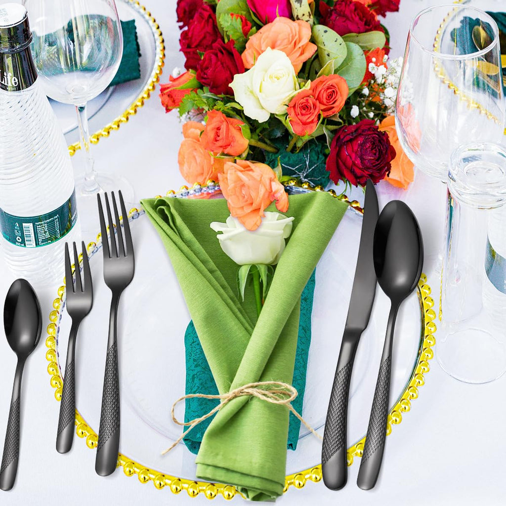 A·HOUSEWARE Black Silverware Hammered Flatware Kichen Stainless Steel Cutlery Set for 4 include Metallic Forks Knives