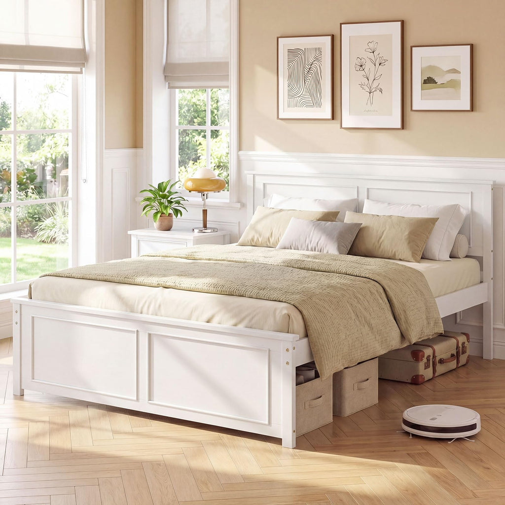 Wood Bed Frame with Headboard, Farmhouse Solid Platform Bed w/Wooden Slat Support Mattress Foundation