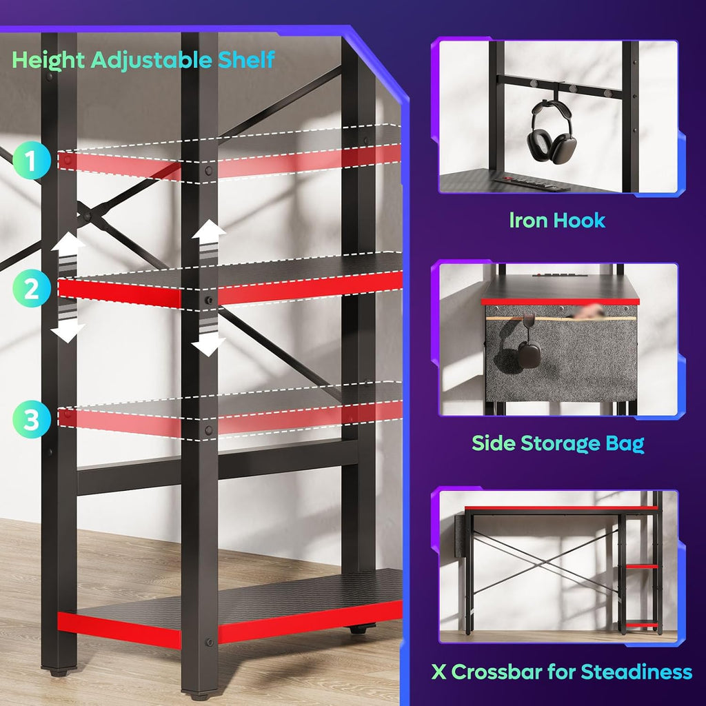 Gaming Desk with Power Outlets, 44 Inch Led Gamer Desk with 4 Tiers Reversible Shelves, PC Gaming Table with Headset