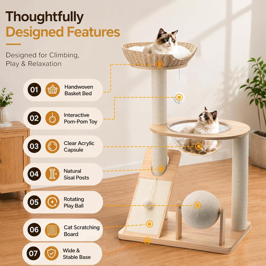 Modern Wooden Cat Tree for Indoor Cats, Furniture Style Cat Tower with Handwoven Basket and Soft Cushion, Acrylic