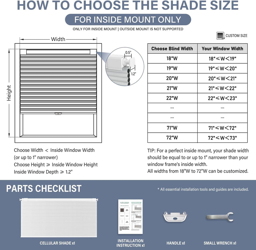 No Drill Cordless Blackout Cellular Shades, White | No Tools Honeycomb Blinds for Indoor Windows, Free-Stop Blackout