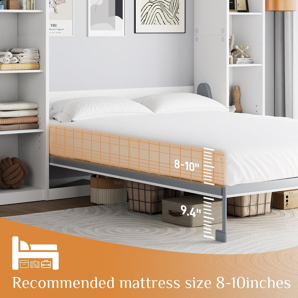 Queen Murphy Bed Cabinet with 5-Tier Adjustable Storage Shelves, Wood Queen Wall Bed Cabinet Bed, Space Saving Beds