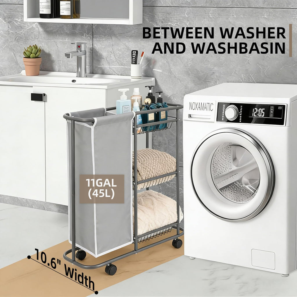 Skinny 3-Tier Rolling Laundry Cart with Wheels 45L Small Space, Grey
