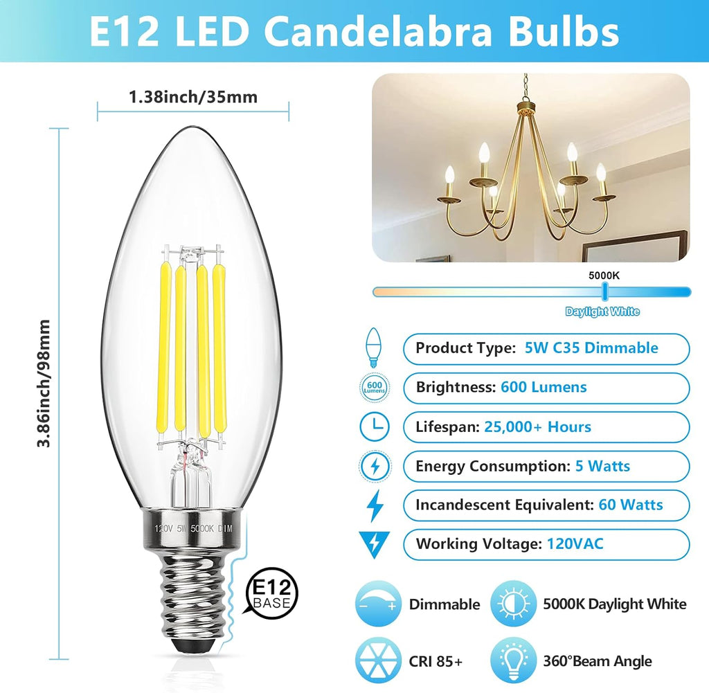 Dimmable E12 LED Candelabra Bulbs 60W Equivalent, Daylight White 5000K, 600LM Chandelier Light Bulb, B11 LED Candle