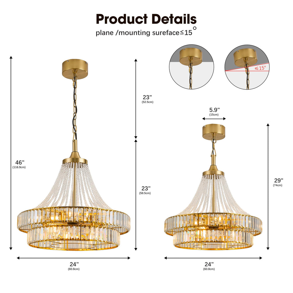 24" Crystal Chandelier Ceiling Fan with Lights, (Luxury Gold)