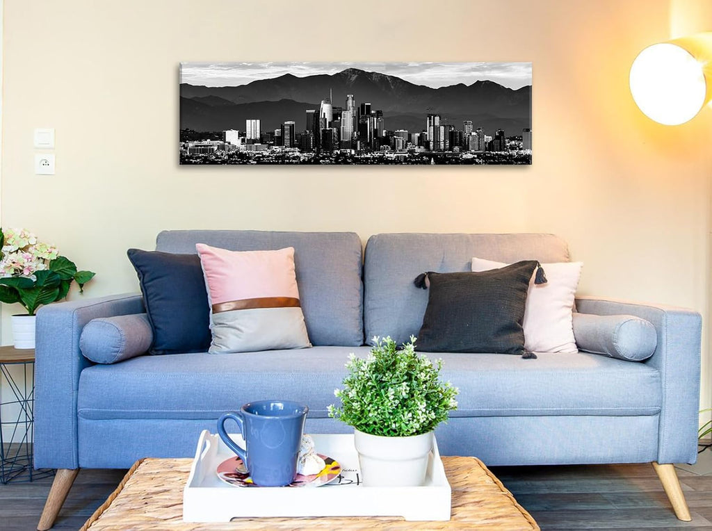 Los Angeles Skyline Canvas Wall Art, Large Black and White Cityscape Panorama Print, Modern Nightscape Painting