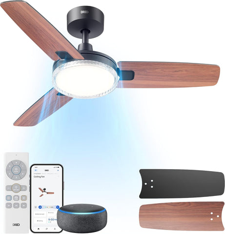Smart Ceiling Fans with Lights, 42 Inch Black Ceiling Fan, 12 Speeds & 3 Fan Modes, Stepless Color Tones